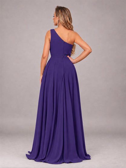 Regency Modern One Shoulder Slit Chiffon Bridesmaid Dress with Pockets