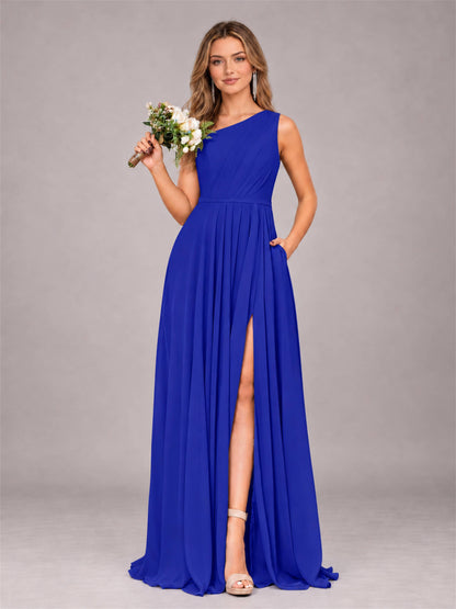 Royal Blue Modern One Shoulder Slit Chiffon Bridesmaid Dress with Pockets