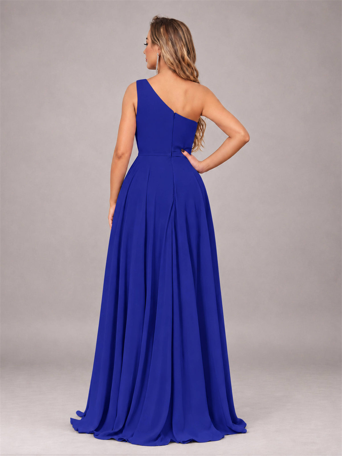 Royal Blue Modern One Shoulder Slit Chiffon Bridesmaid Dress with Pockets
