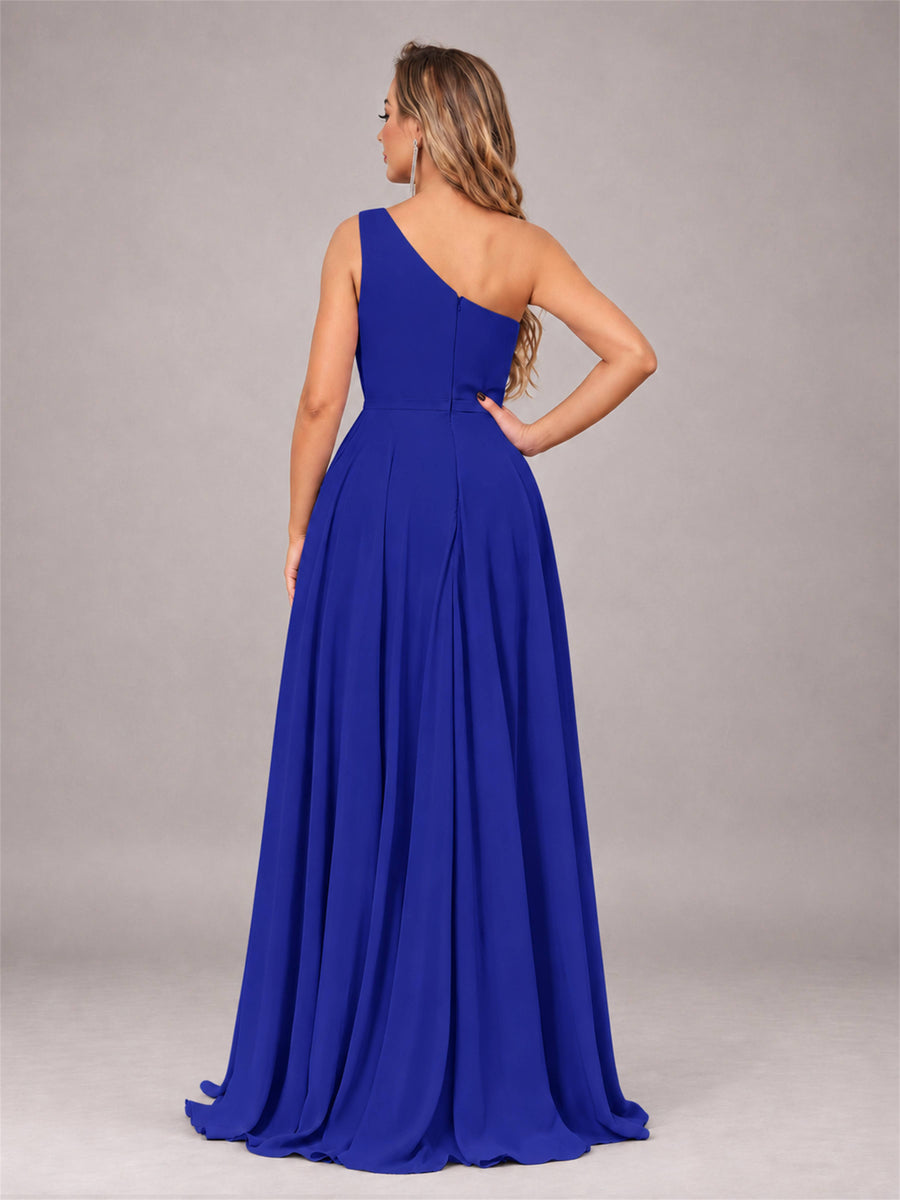 Royal Blue Modern One Shoulder Slit Chiffon Bridesmaid Dress with Pockets
