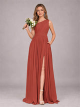 Modern One Shoulder Slit Chiffon Bridesmaid Dress with Pockets