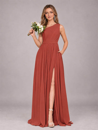 Rust Modern One Shoulder Slit Chiffon Bridesmaid Dress with Pockets