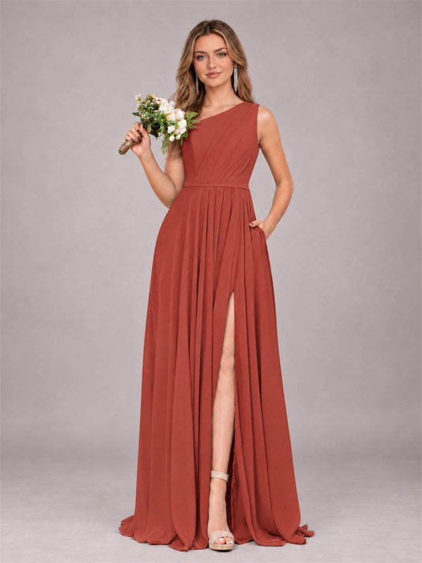 Rust Modern One Shoulder Slit Chiffon Bridesmaid Dress with Pockets