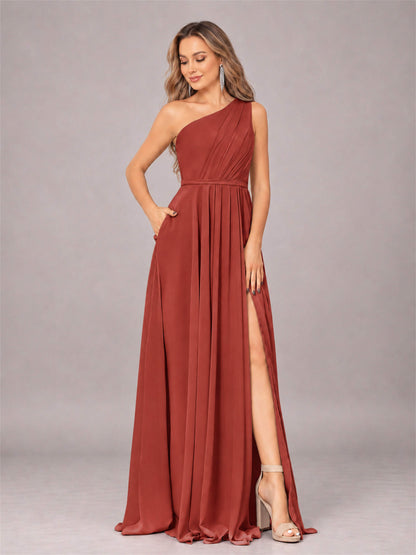 Rust Modern One Shoulder Slit Chiffon Bridesmaid Dress with Pockets