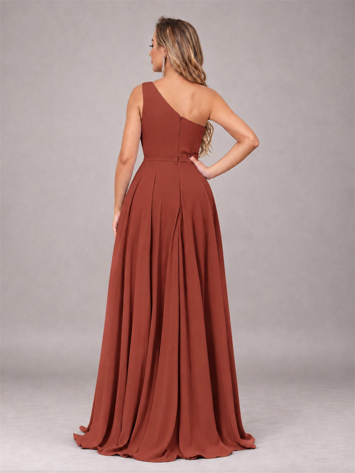 Rust Modern One Shoulder Slit Chiffon Bridesmaid Dress with Pockets