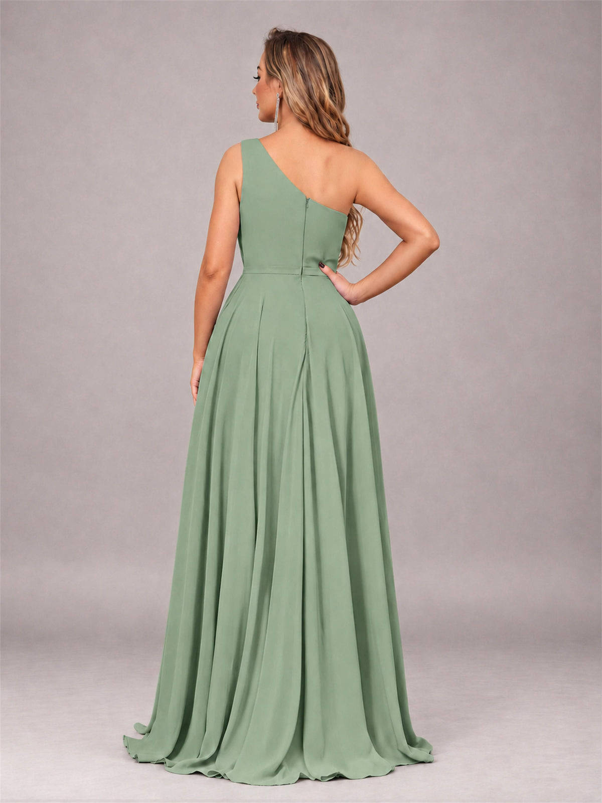 Sage Green Modern One Shoulder Slit Chiffon Bridesmaid Dress with Pockets