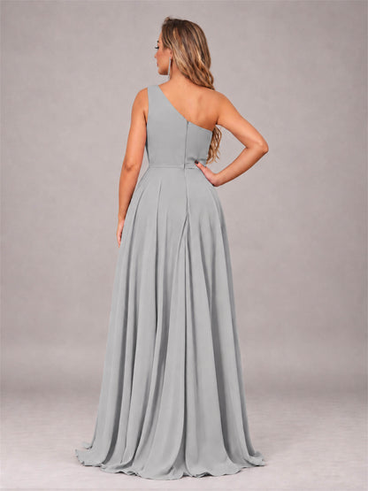 Silver Modern One Shoulder Slit Chiffon Bridesmaid Dress with Pockets