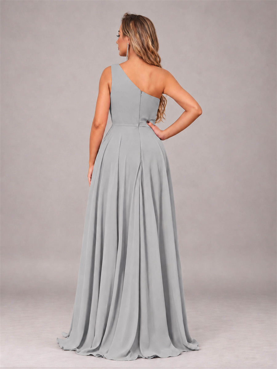 Silver Modern One Shoulder Slit Chiffon Bridesmaid Dress with Pockets
