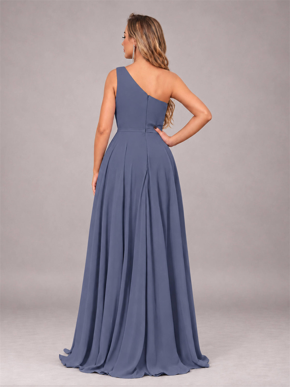 Stormy Blue Modern One Shoulder Slit Chiffon Bridesmaid Dress with Pockets
