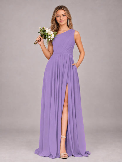 Tahiti Modern One Shoulder Slit Chiffon Bridesmaid Dress with Pockets