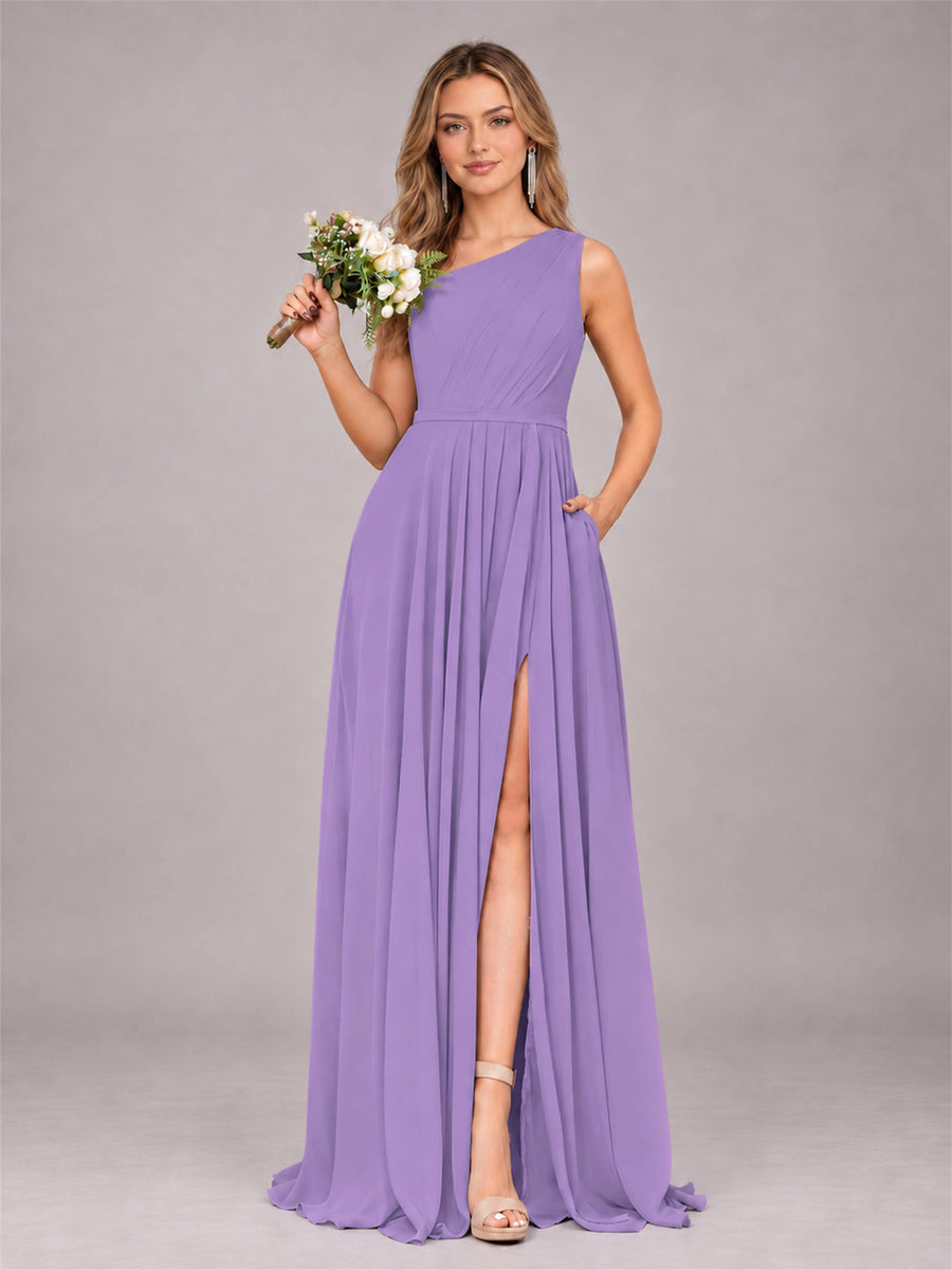 Tahiti Modern One Shoulder Slit Chiffon Bridesmaid Dress with Pockets