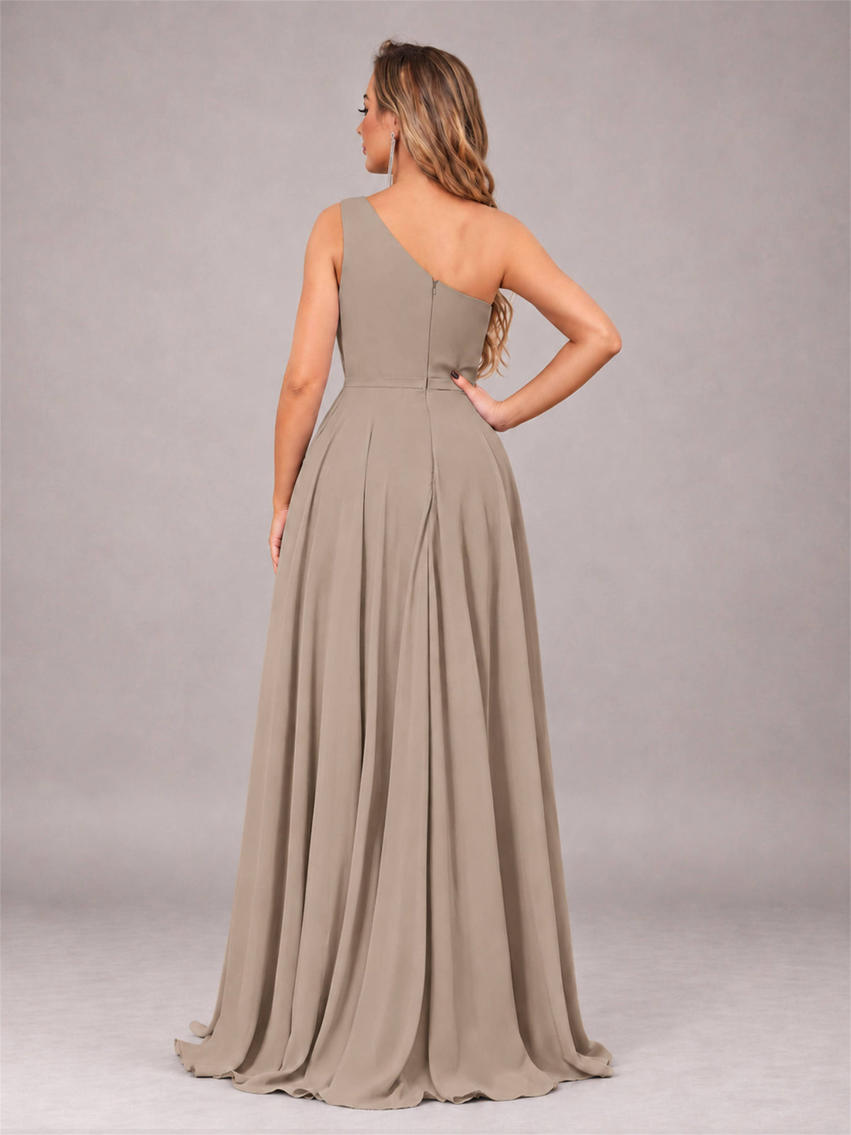 Taupe Modern One Shoulder Slit Chiffon Bridesmaid Dress with Pockets