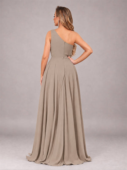 Taupe Modern One Shoulder Slit Chiffon Bridesmaid Dress with Pockets