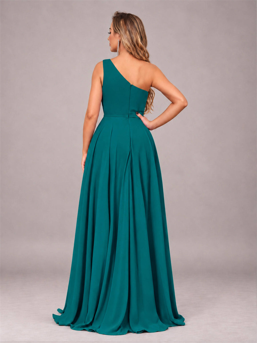 Teal Modern One Shoulder Slit Chiffon Bridesmaid Dress with Pockets