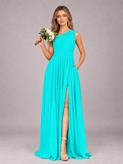 Turquoise Modern One Shoulder Slit Chiffon Bridesmaid Dress with Pockets