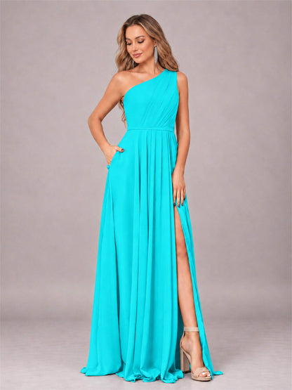 Turquoise Modern One Shoulder Slit Chiffon Bridesmaid Dress with Pockets