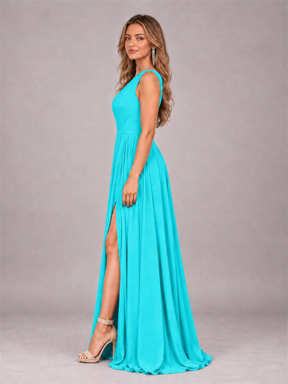 Turquoise Modern One Shoulder Slit Chiffon Bridesmaid Dress with Pockets