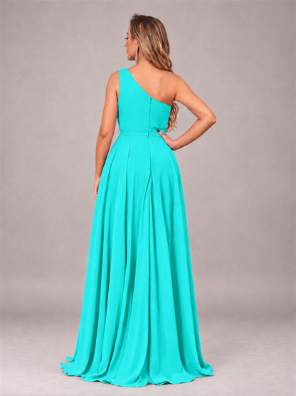 Turquoise Modern One Shoulder Slit Chiffon Bridesmaid Dress with Pockets