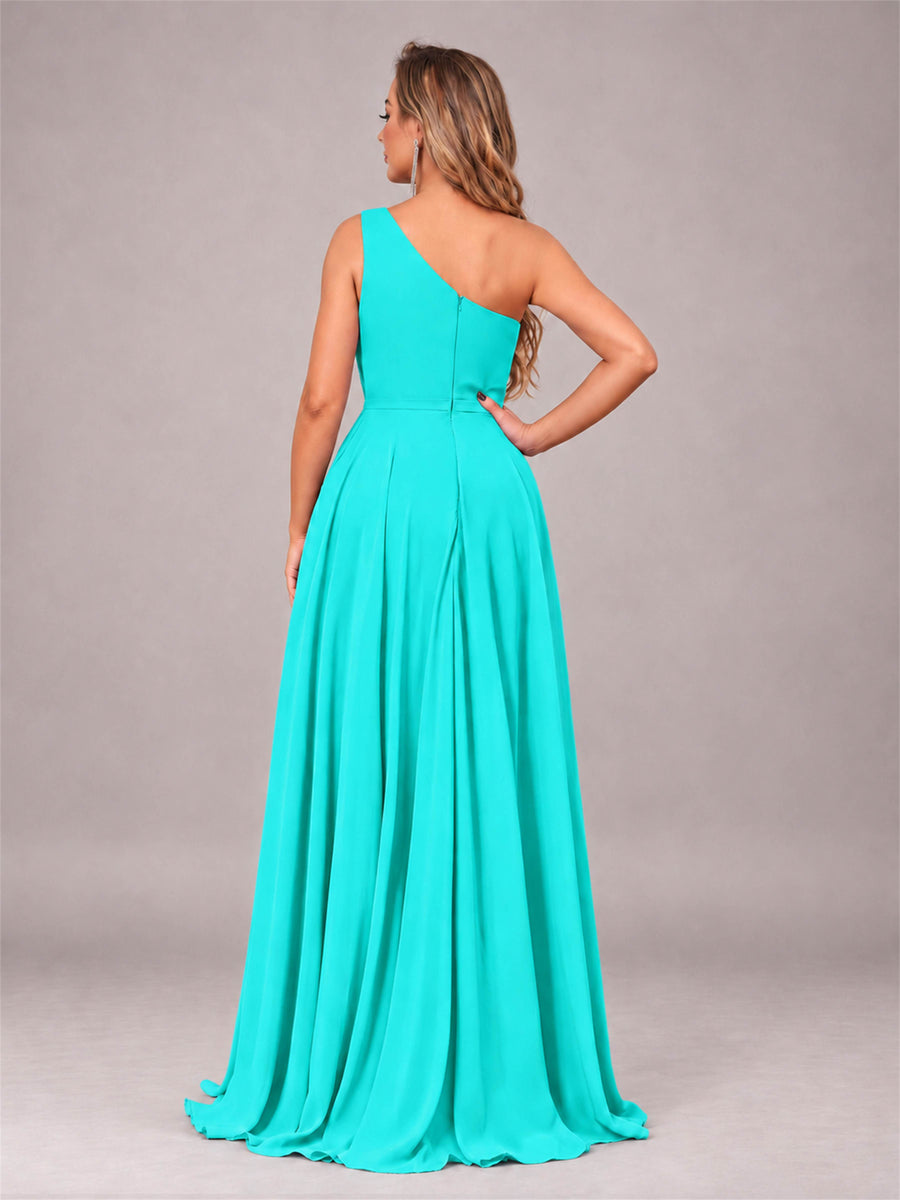 Turquoise Modern One Shoulder Slit Chiffon Bridesmaid Dress with Pockets