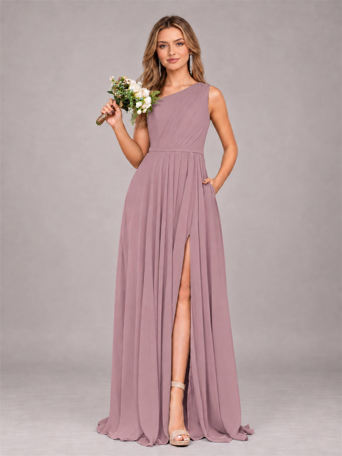 Vintage Mauve Modern One Shoulder Slit Chiffon Bridesmaid Dress with Pockets
