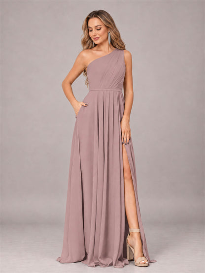 Vintage Mauve Modern One Shoulder Slit Chiffon Bridesmaid Dress with Pockets