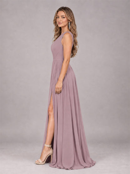 Vintage Mauve Modern One Shoulder Slit Chiffon Bridesmaid Dress with Pockets