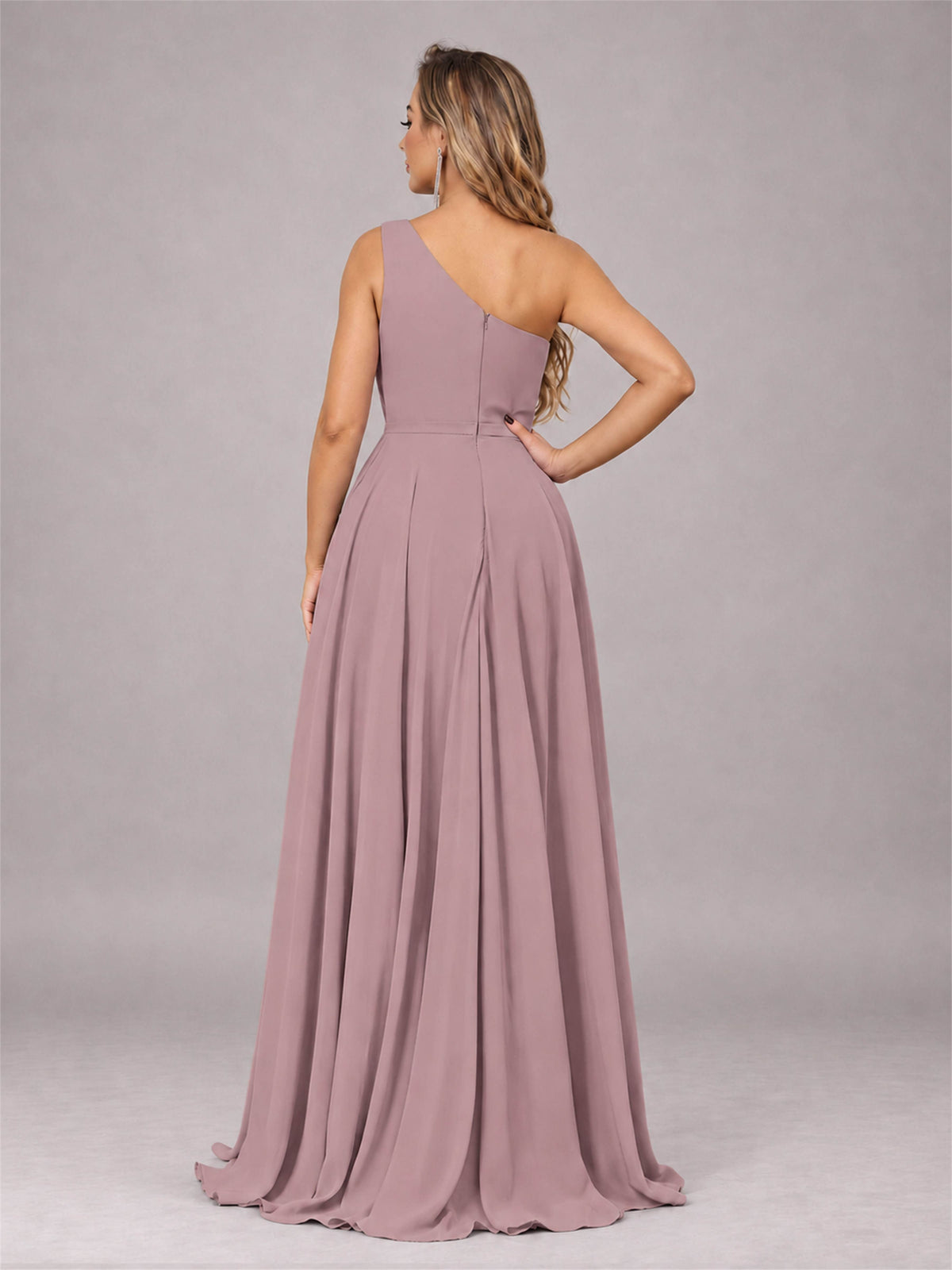 Vintage Mauve Modern One Shoulder Slit Chiffon Bridesmaid Dress with Pockets