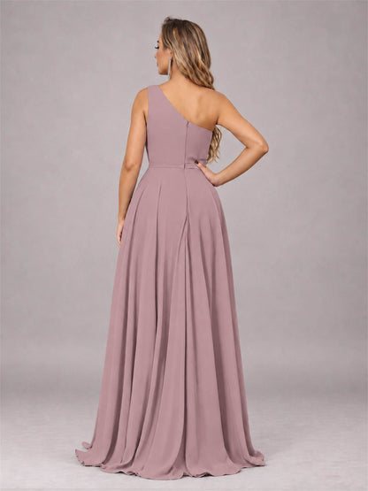 Vintage Mauve Modern One Shoulder Slit Chiffon Bridesmaid Dress with Pockets
