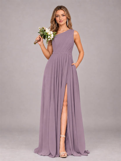 Wisteria Modern One Shoulder Slit Chiffon Bridesmaid Dress with Pockets