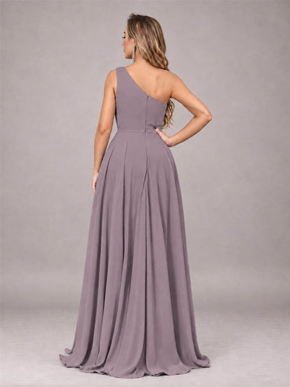 Wisteria Modern One Shoulder Slit Chiffon Bridesmaid Dress with Pockets