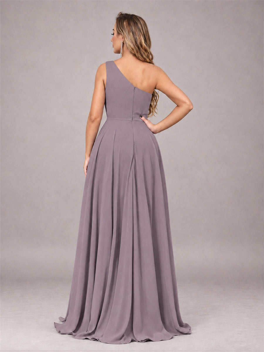 Wisteria Modern One Shoulder Slit Chiffon Bridesmaid Dress with Pockets