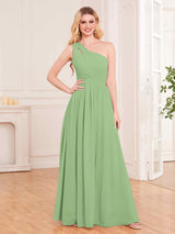 Modern One Shoulder Slit Floor Length Chiffon Bridesmaid Dresses