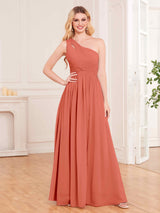 Modern One Shoulder Slit Floor Length Chiffon Bridesmaid Dresses