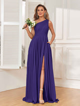 Modern One Shoulder Slit Chiffon Bridesmaid Dresses with Pockets