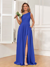 Modern One Shoulder Slit Chiffon Bridesmaid Dresses with Pockets