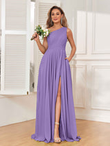Modern One Shoulder Slit Chiffon Bridesmaid Dresses with Pockets