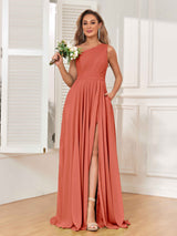 Modern One Shoulder Slit Chiffon Bridesmaid Dresses with Pockets