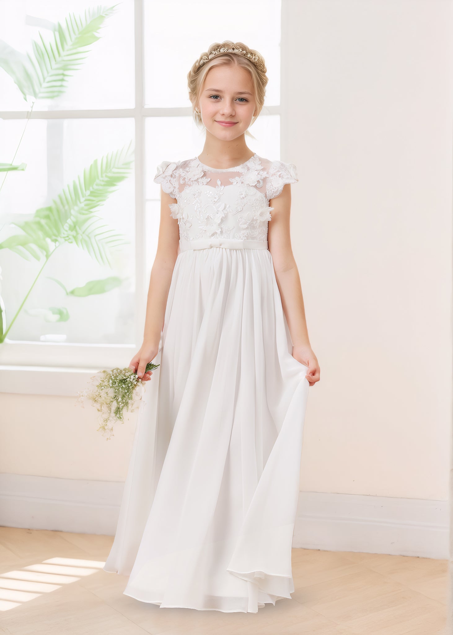 Modern Scoop Neck Cap Sleeves Chiffon Long Flower Girl Dresses