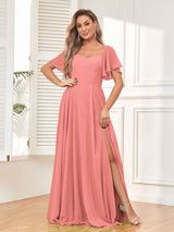 Modern Short Sleeves A Line Chiffon Bridesmaid Dresses with Slit