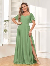 Modern Short Sleeves A Line Chiffon Bridesmaid Dresses with Slit