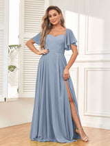 Modern Short Sleeves A Line Chiffon Bridesmaid Dresses with Slit