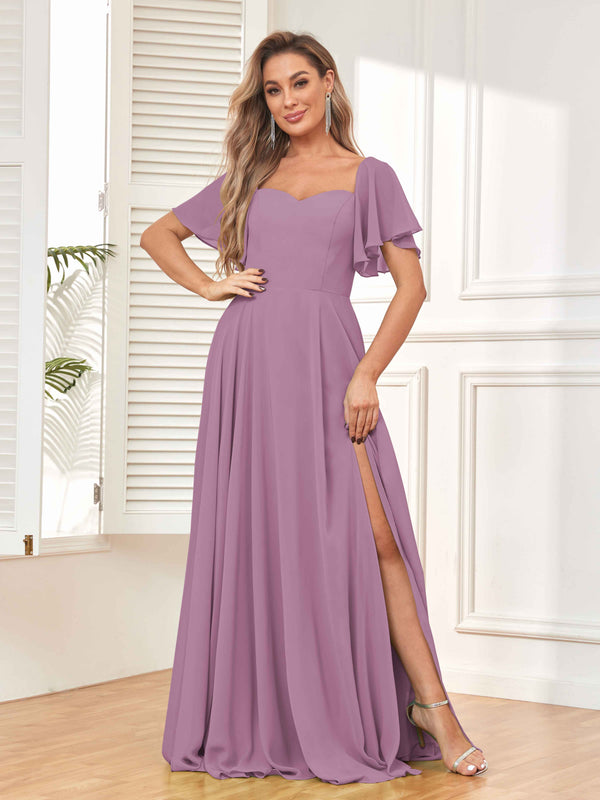 Dusty Purple Modern Short Sleeves A Line Chiffon Bridesmaid Dresses with Slit