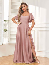 Modern Short Sleeves A Line Chiffon Bridesmaid Dresses with Slit