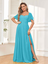 Modern Short Sleeves A Line Chiffon Bridesmaid Dresses with Slit