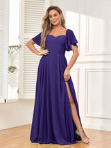 Modern Short Sleeves A Line Chiffon Bridesmaid Dresses with Slit