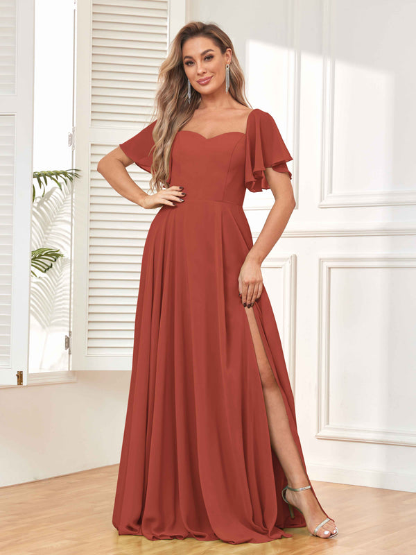 Rust Modern Short Sleeves A Line Chiffon Bridesmaid Dresses with Slit