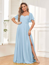 Modern Short Sleeves A Line Chiffon Bridesmaid Dresses with Slit