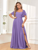Modern Short Sleeves A Line Chiffon Bridesmaid Dresses with Slit
