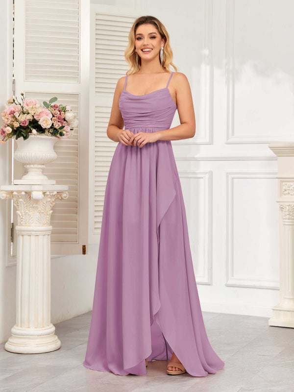 Dusty Purple Modern Spaghetti Straps Chiffon Bridesmaid Dresses With Slit