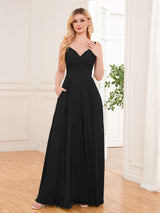 Modern Spaghetti Straps Long Chiffon Bridesmaid Dresses With Pockets